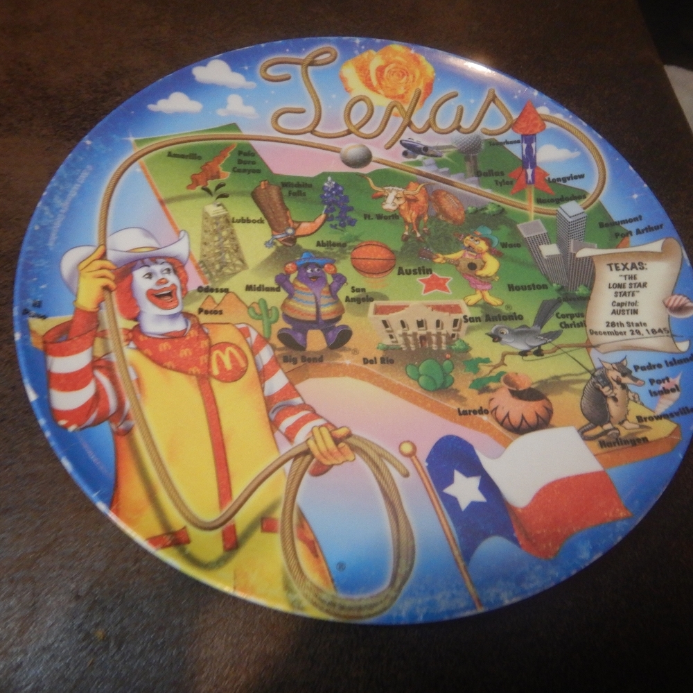 Vintage McDonalds Texas Plate~Ronald McDonald~Lone
